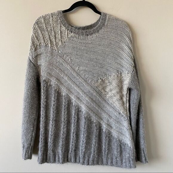 Nwot-Current Elliott Mixed Cable Knit Wool/Alpaca Blend Grey Metallic Sweater - Picture 2 of 9